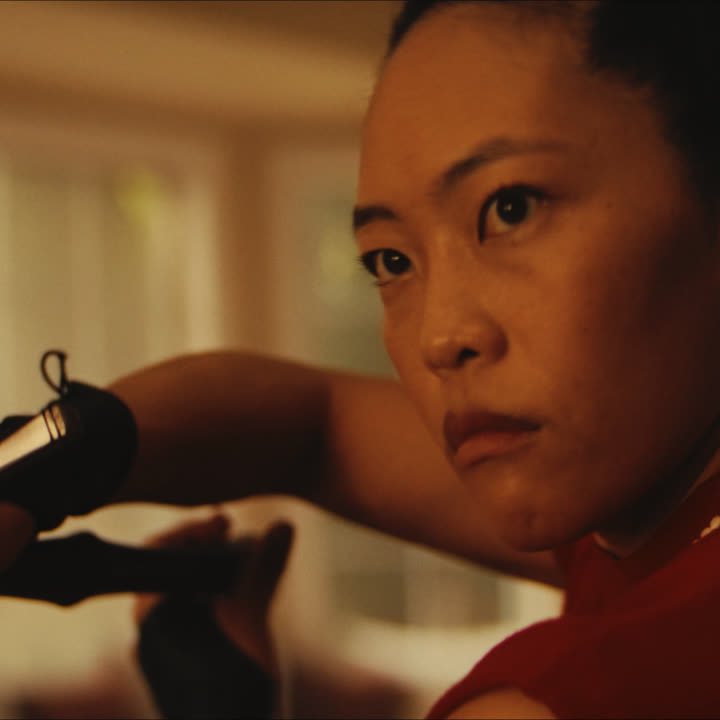 A swordfighter raises their blade in a guard position.